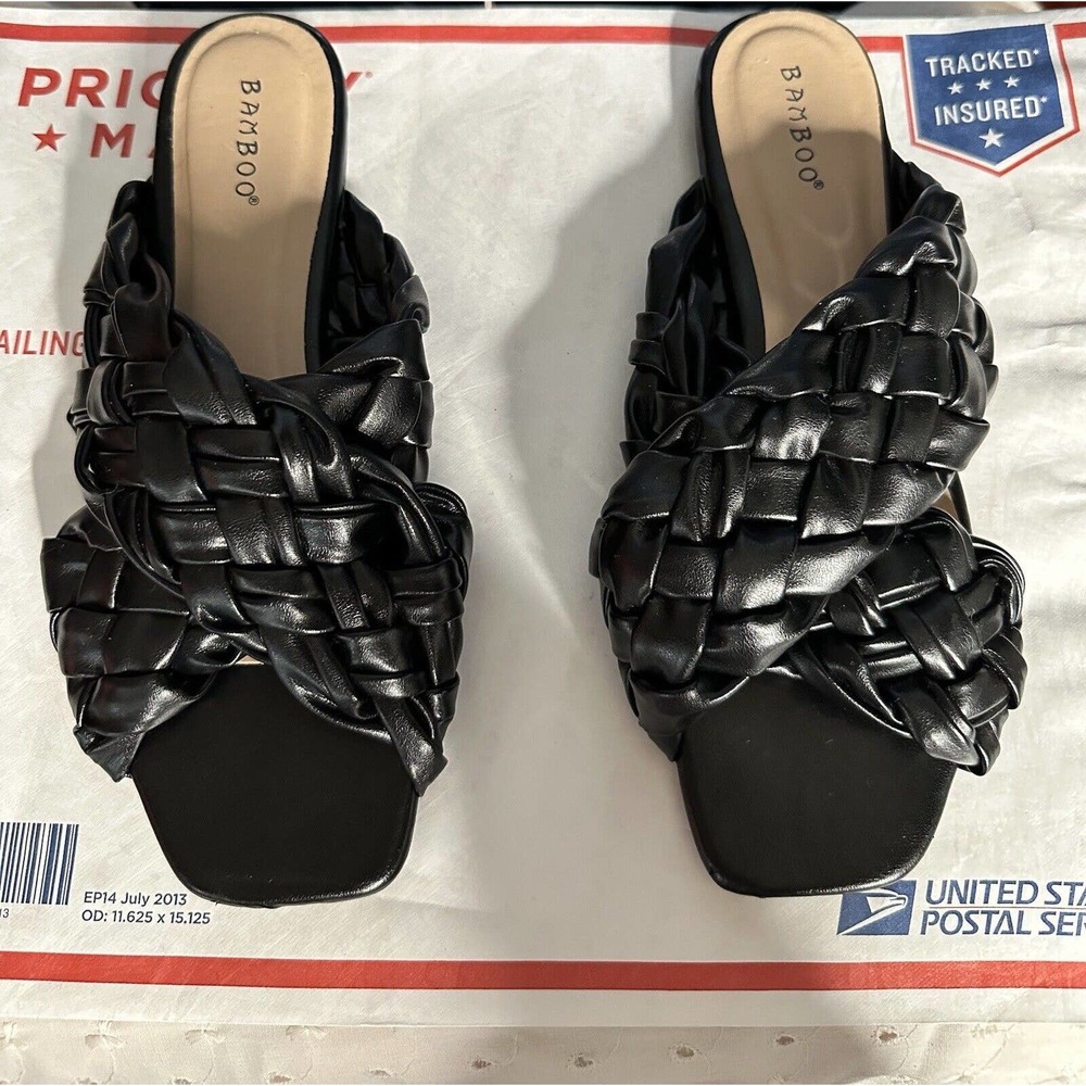 Bamboo Shoes Women Size 8 Black Leather Braided Slip On Sandals Boho Chic Slides